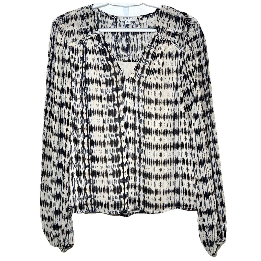 Evereve Boho Ikat Print Blouse Small Black Cream Split Neck Long Sleeve Top